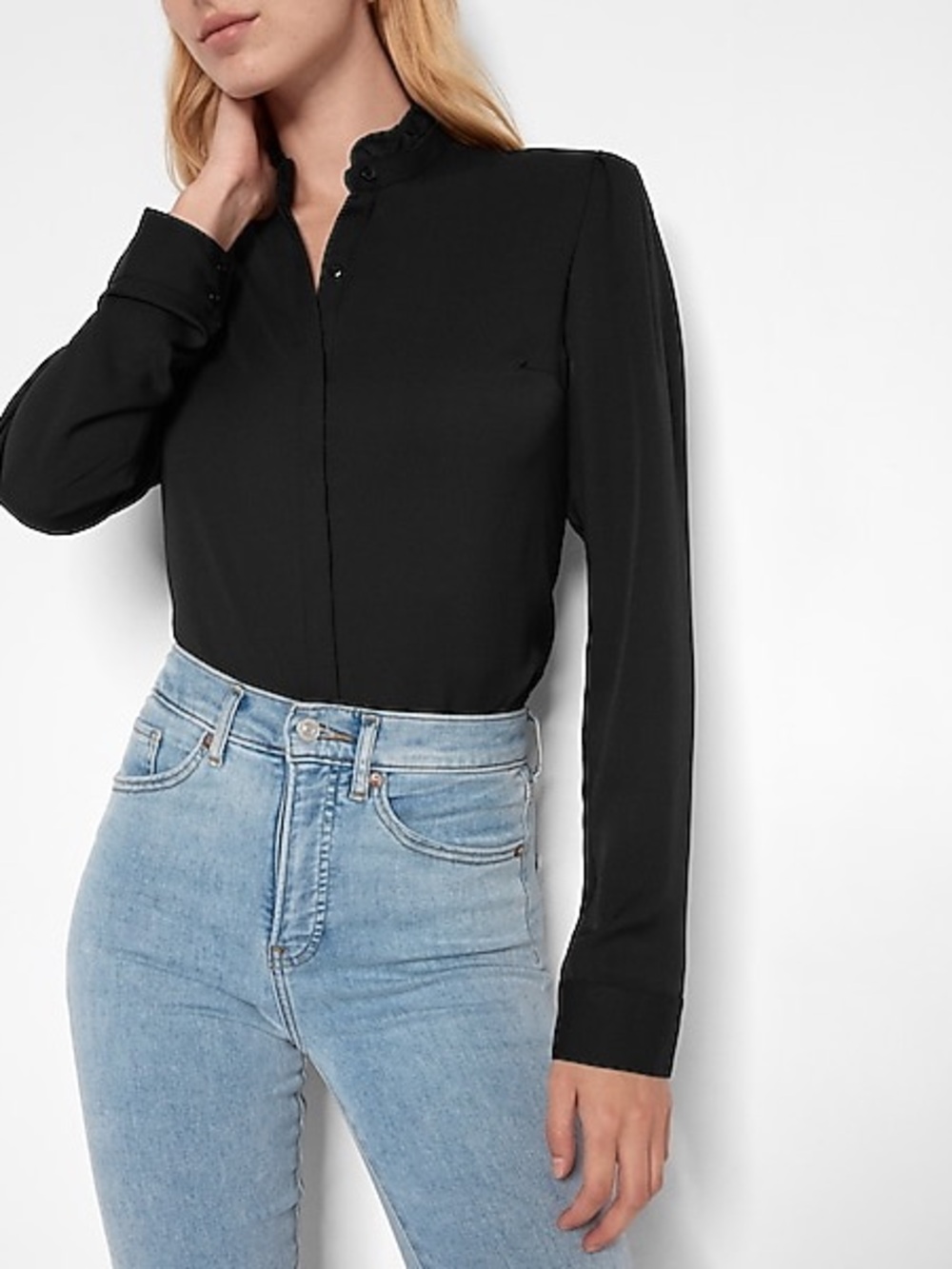 Black Long-Sleeve Ruffle Collar Women's Top